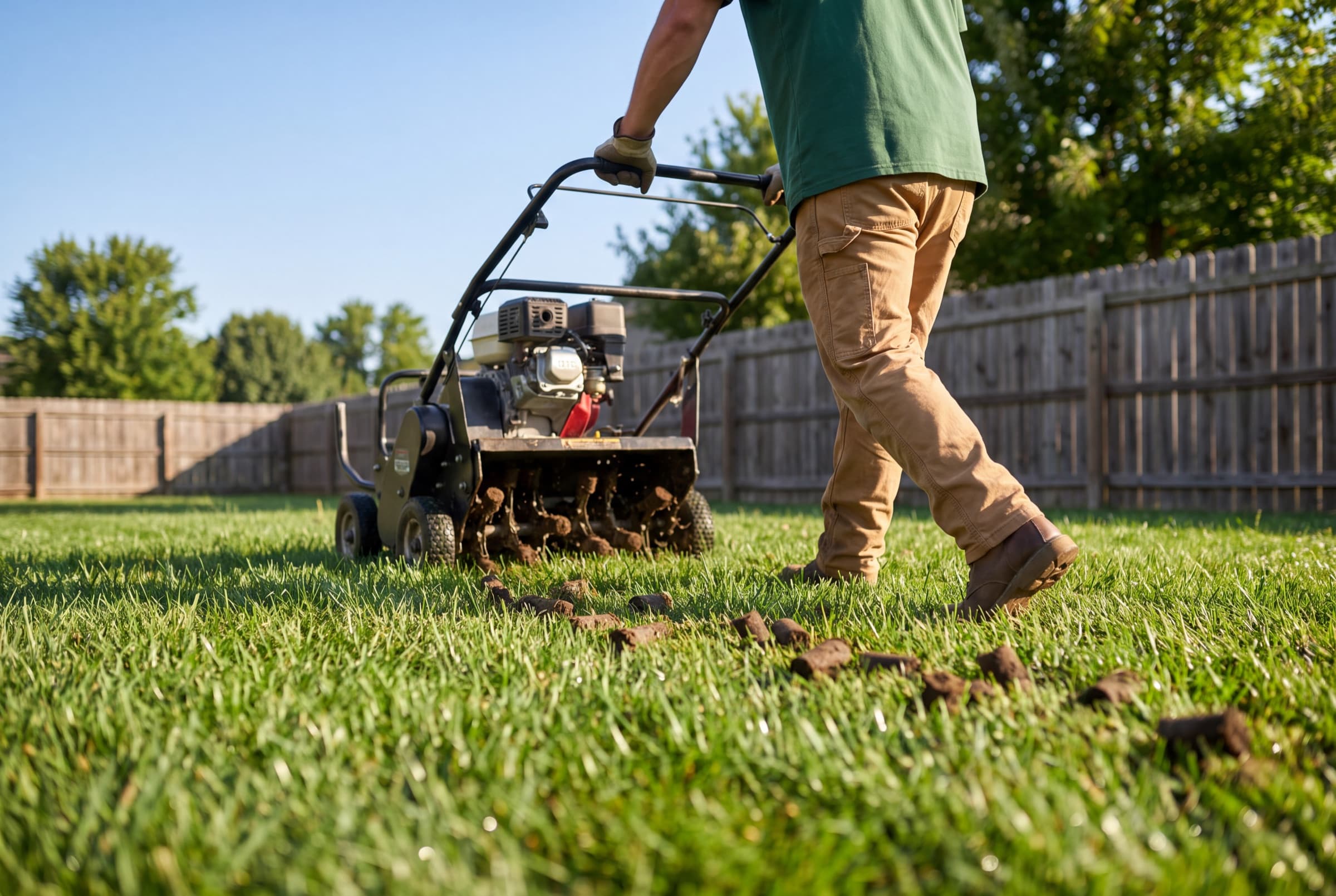 Core aerator pulling plugs of soil out of a lawn